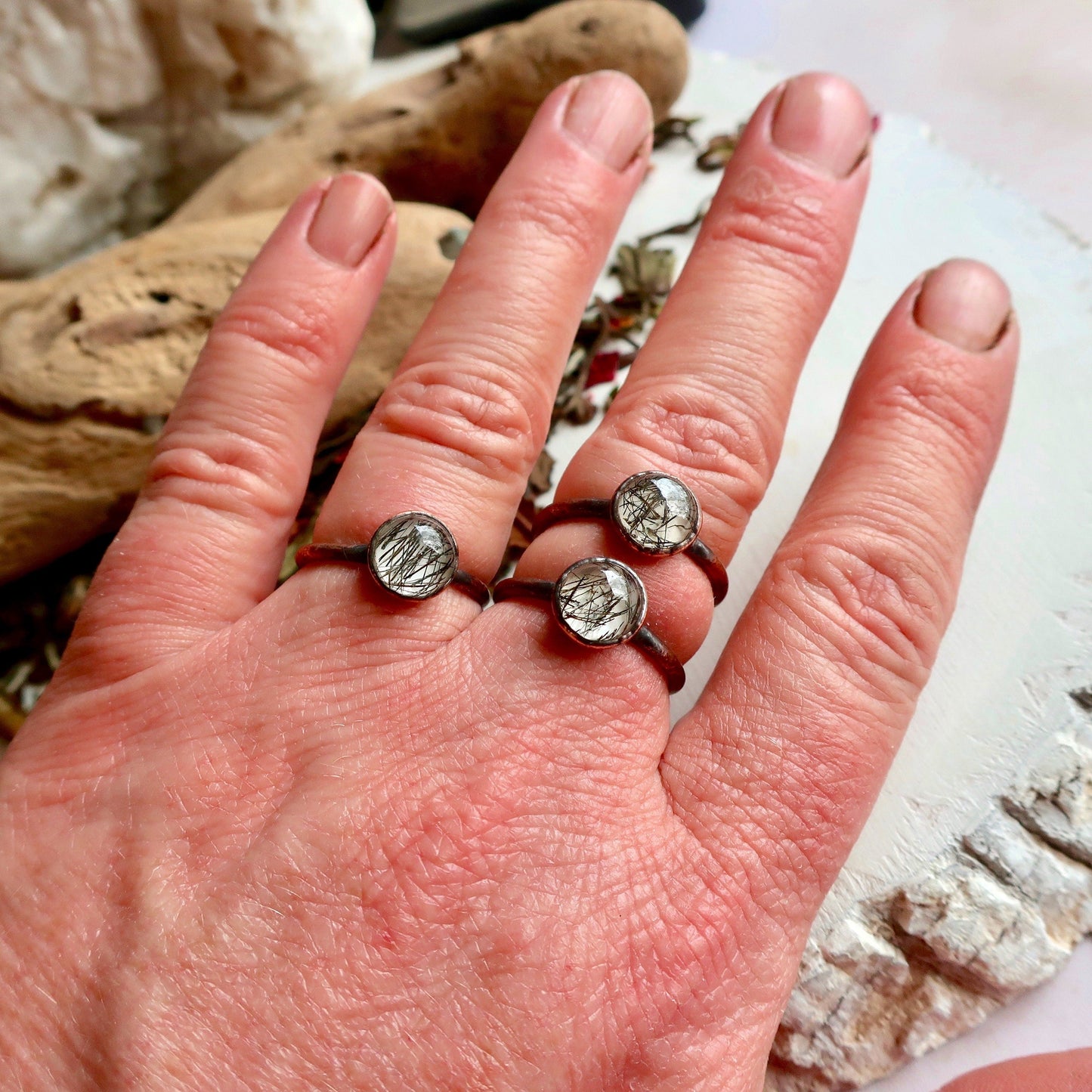 Round Black Rutilated Quartz Copper Ring, Quartz Solitaire Ring, Boho Jewelry, Crystal Adornments Bohemian Style Ring, Metaphysical Jewelry Blackbird & Sage Jewelry