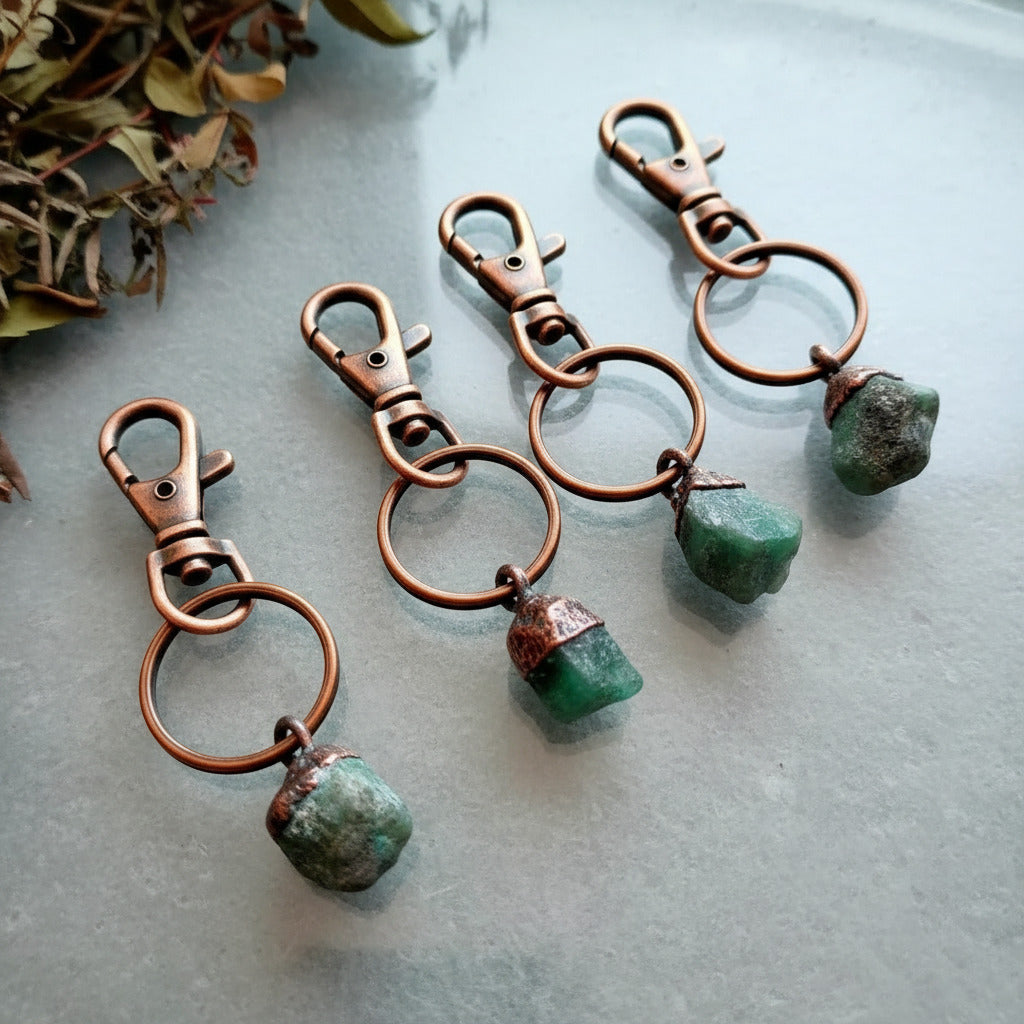 Raw Emerald Copper Keychain, Emerald Keychain, Raw Crystal Keychain, Raw Stone Accessory, Boho Accessory, Electroformed Jewelry Blackbird & Sage Jewelry