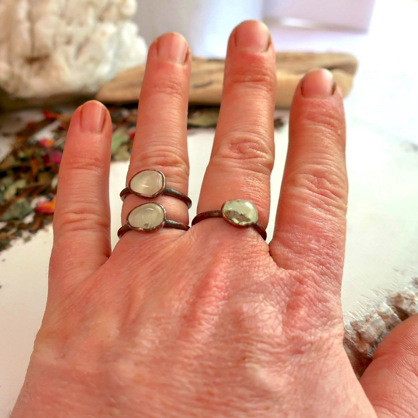 Tumbled Prehnite Copper Ring, Prehnite Jewelry, Green Stone Solitaire Ring, Electroformed Bohemian Jewelry, Valentines Gift Blackbird & Sage Jewelry