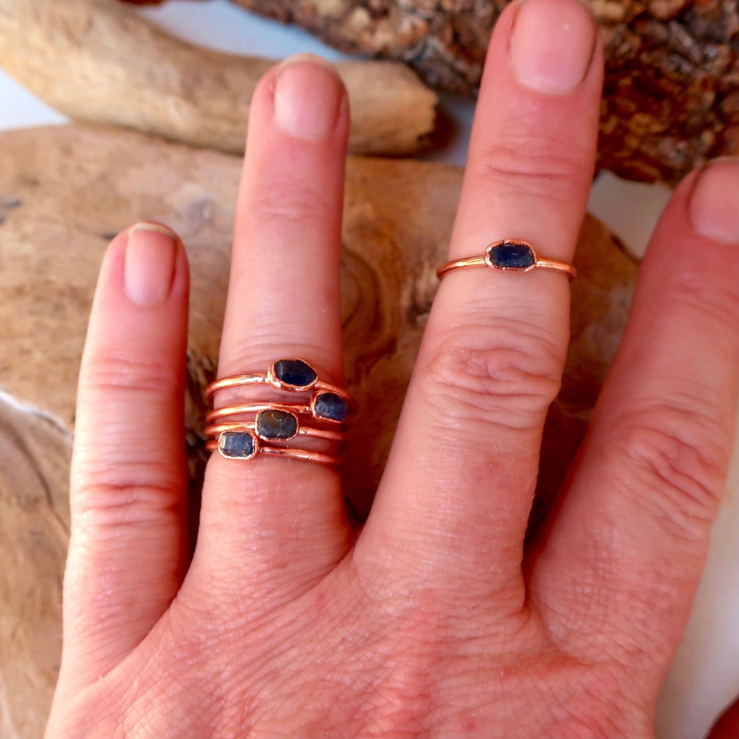 Dainty Raw Sapphire Stacking Ring, Electroformed Copper Jewelry, September Birthstone, Bohemian Crystal Band, Handmade Gypsy Style, Boho Blackbird & Sage Jewelry