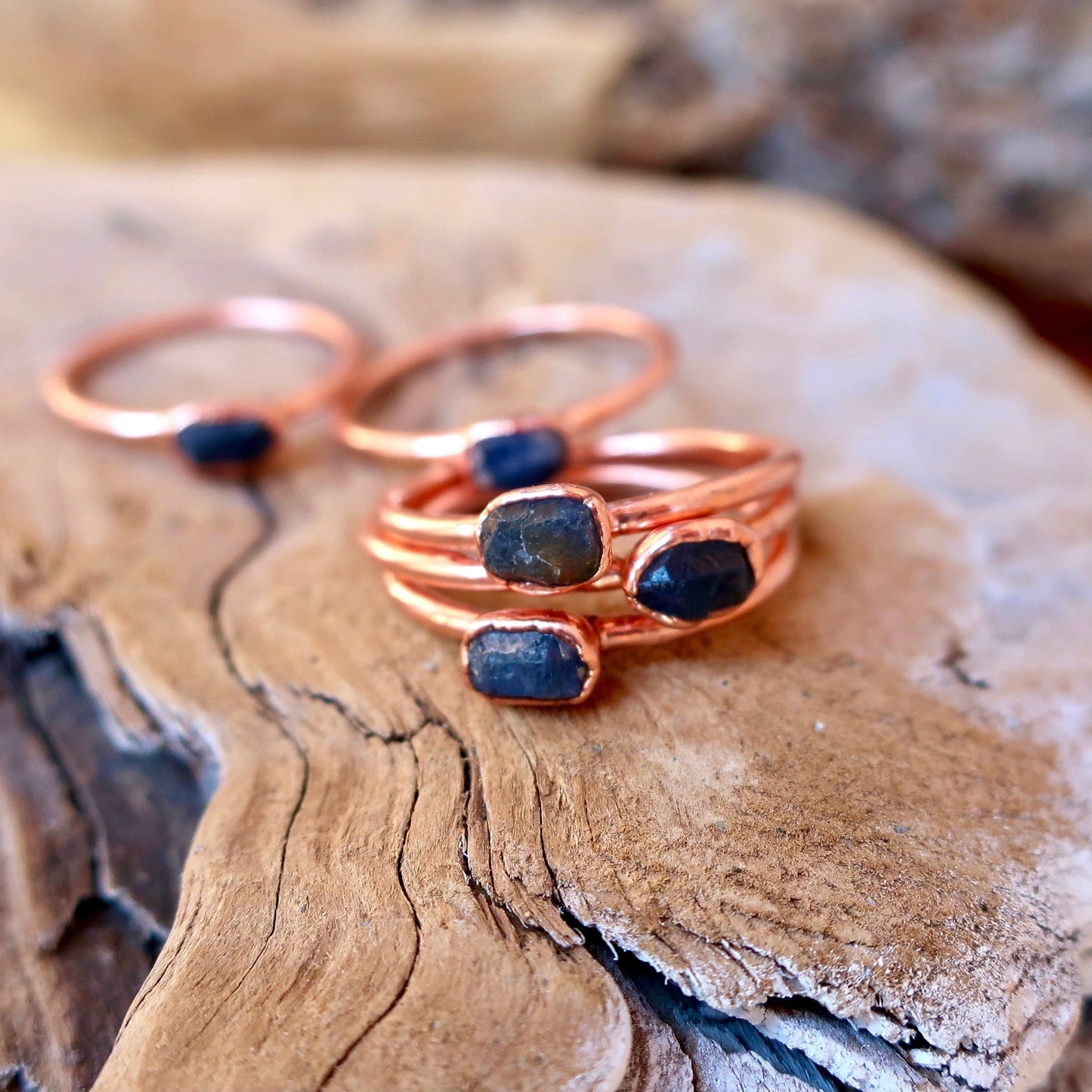 Dainty Raw Sapphire Stacking Ring, Electroformed Copper Jewelry, September Birthstone, Bohemian Crystal Band, Handmade Gypsy Style, Boho Blackbird & Sage Jewelry