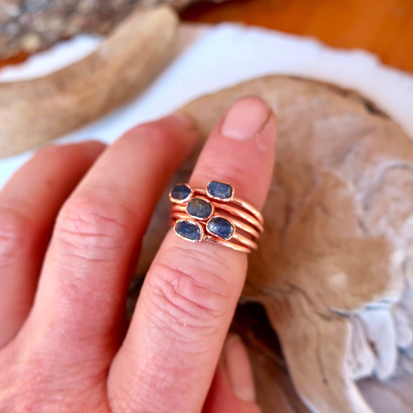 Dainty Raw Sapphire Stacking Ring, Electroformed Copper Jewelry, September Birthstone, Bohemian Crystal Band, Handmade Gypsy Style, Boho Blackbird & Sage Jewelry