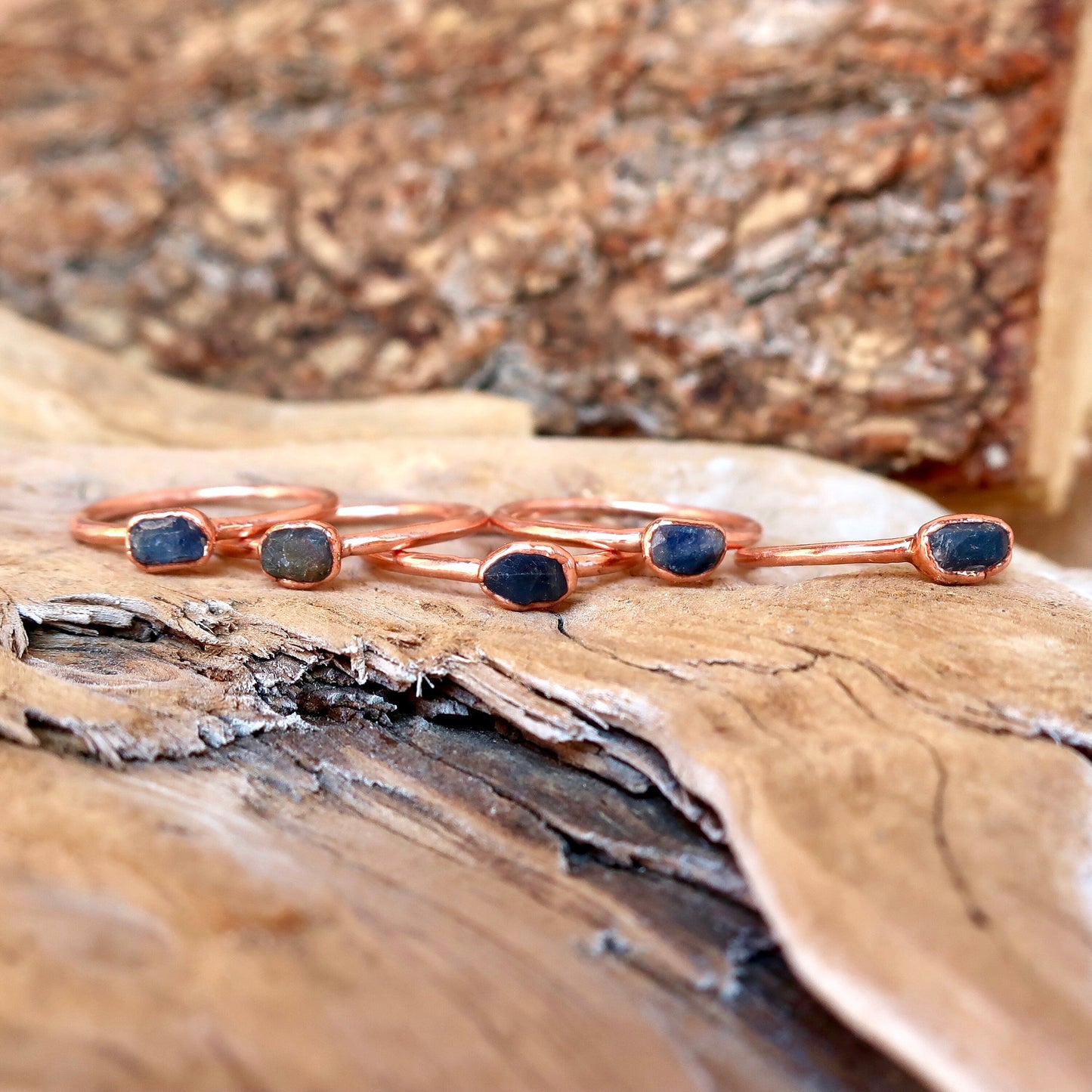 Dainty Raw Sapphire Stacking Ring, Electroformed Copper Jewelry, September Birthstone, Bohemian Crystal Band, Handmade Gypsy Style, Boho Blackbird & Sage Jewelry