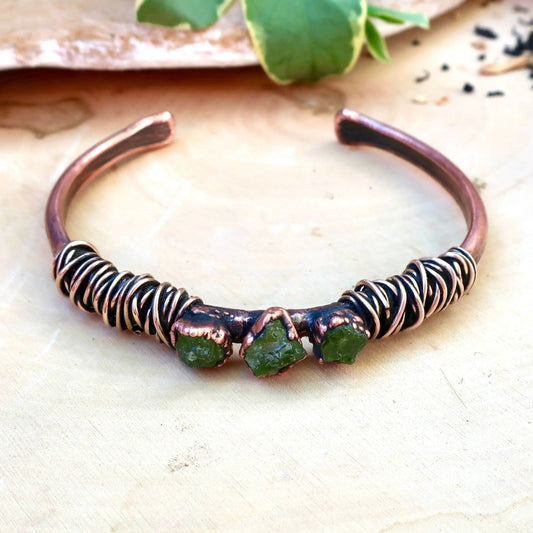 Raw Peridot Bracelet, Copper Bracelet, Electroformed Copper, Cuff Bracelet, Bangle Bracelet, Stone Bangle, Bronze Wire Wrapped Blackbird & Sage Jewelry