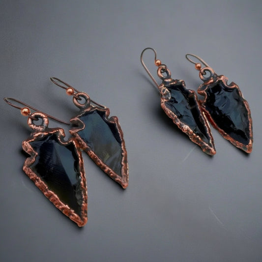 Obsidian Arrowhead Earrings in Electroformed Copper | Rustic Crystal Jewelry | Witchy Boho Style Earrings | Unique Boho Chic Gift Blackbird & Sage Jewelry