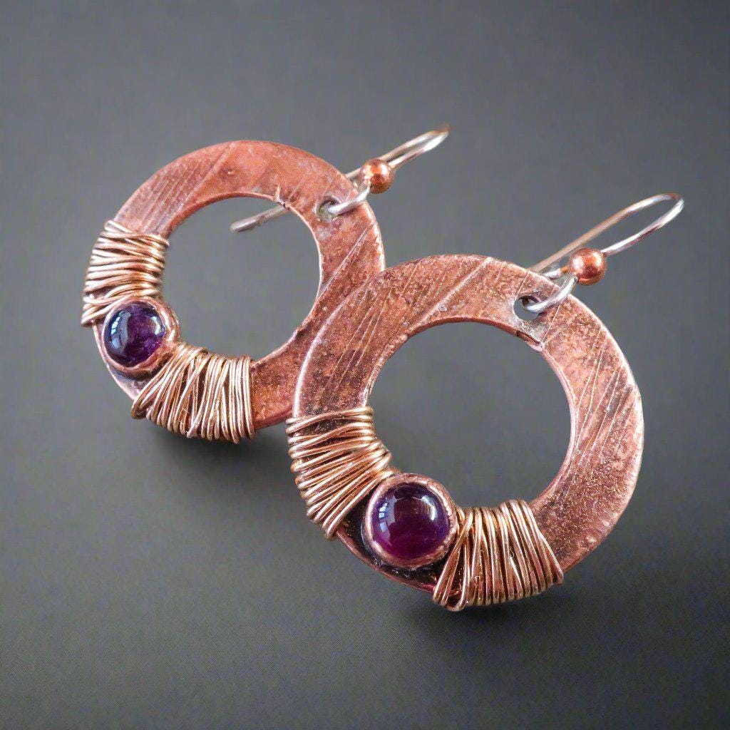 Purple Amethyst Drop Earrings In Electroformed Copper Wrapped with Bronze Wire, Electroformed Crystal Earrings, Talisman Copper Jewelry Blackbird & Sage Jewelry