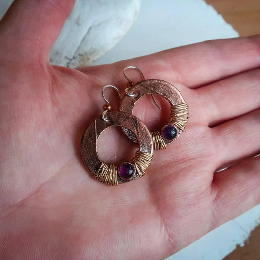 Purple Amethyst Drop Earrings In Electroformed Copper Wrapped with Bronze Wire, Electroformed Crystal Earrings, Talisman Copper Jewelry Blackbird & Sage Jewelry