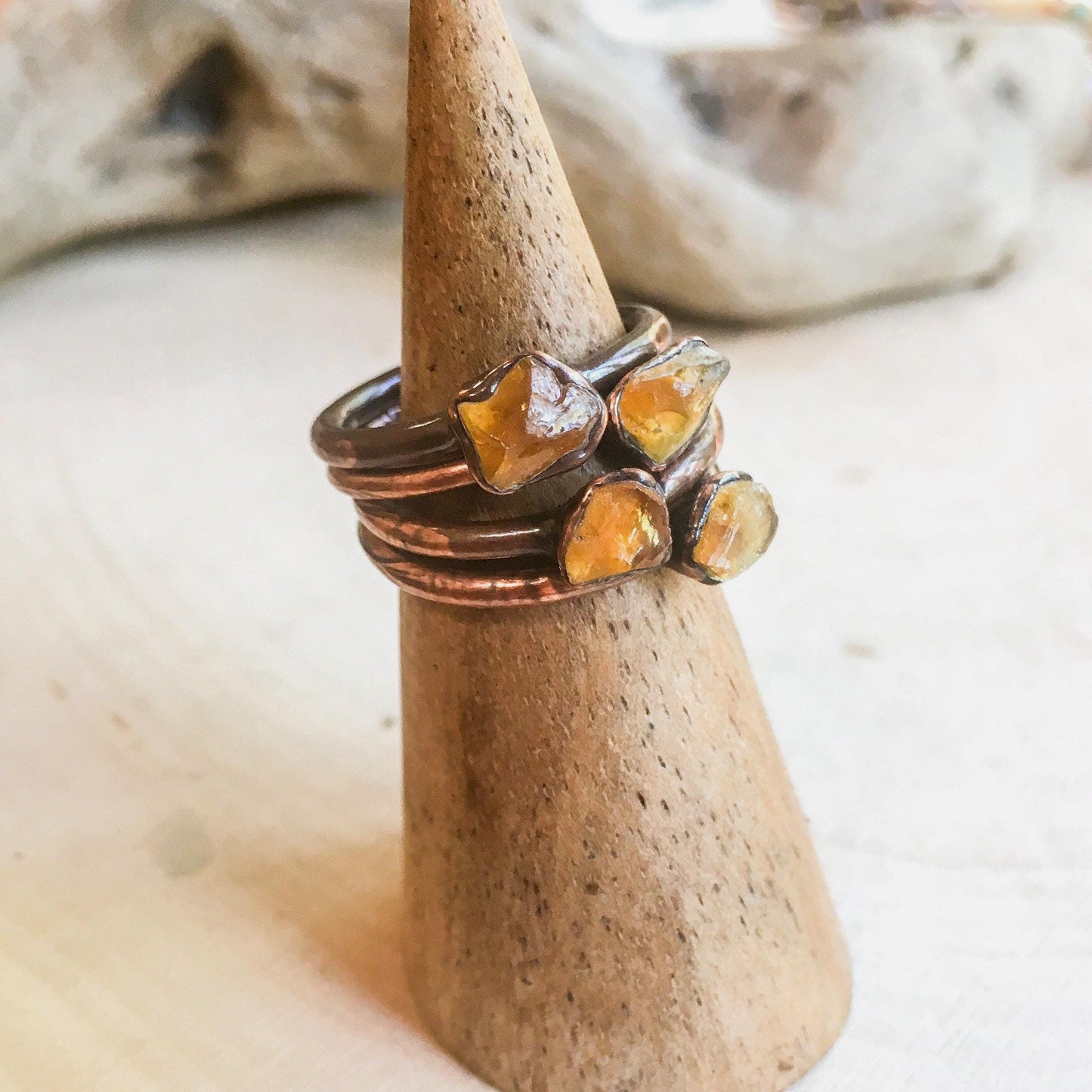 Amber Ring – Dainty Raw Amber Electroformed Boho Stackable Rustic Jewelry Gift Blackbird & Sage Jewelry