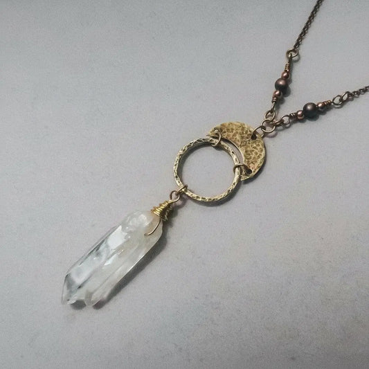 Handmade Quartz Double Point Necklace: Brass Boho Talisman - BlackbirdSageStudio