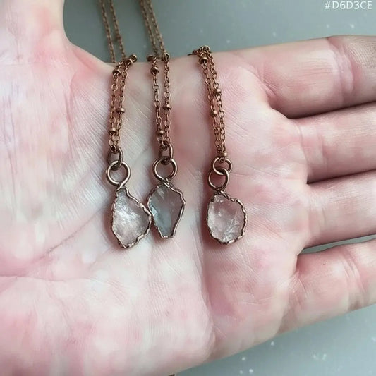 Dainty Raw Rose Quartz Necklace, Antique Copper Pendant, Bohemian Jewelry - BlackbirdSageStudio