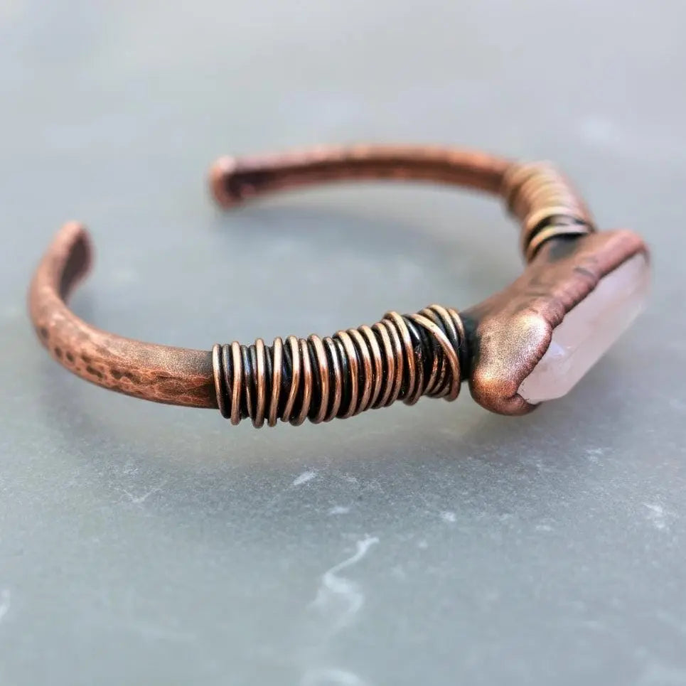 Electroformed Copper Quartz Bracelet: Bronze Wire Wrapped Bangle - BlackbirdSageStudio