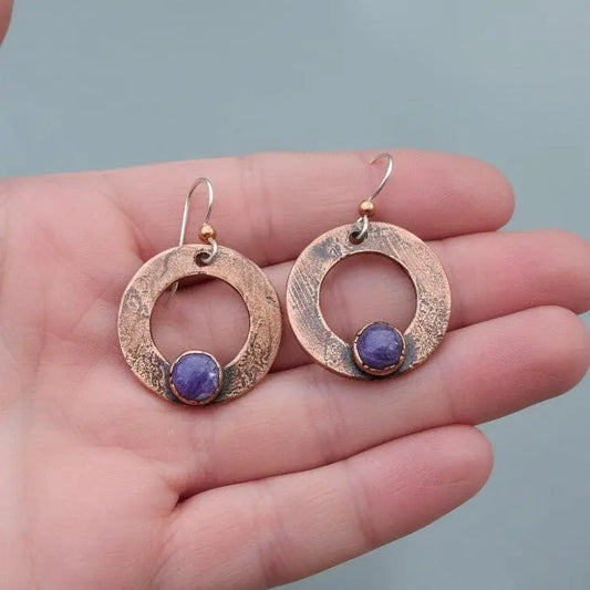 Electroformed Copper Charoite Hoop Earrings: Sterling Silver Wires - BlackbirdSageStudio