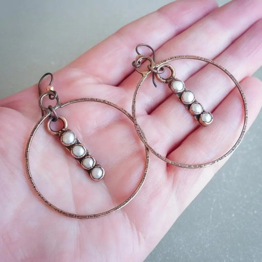 Electroformed Copper Pearl Hoop Earrings: Hand Hammered Bronze, Bohemian Jewelry - BlackbirdSageStudio