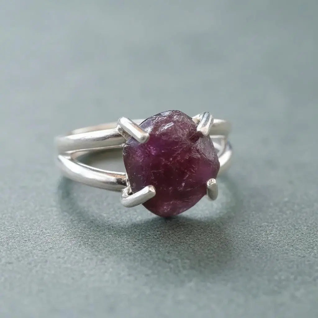 Raw Garnet Sterling Silver Ring: Prong Set January Birthstone - BlackbirdSageStudio