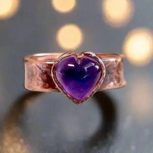 Amethyst Heart Copper Ring: Electroformed Wide Band, February Birthstone Gift - BlackbirdSageStudio