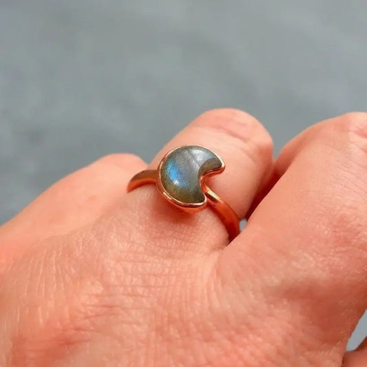 Electroformed Copper Labradorite Crescent Moon Ring - US Size 7 - BlackbirdSageStudio