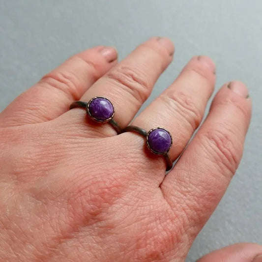 Electroformed Charoite Copper Ring: Hand Hammered Bohemian Jewelry - BlackbirdSageStudio