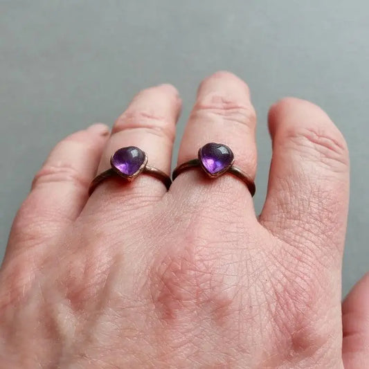 Electroformed Copper Amethyst Heart Ring: Bohemian February Birthstone - BlackbirdSageStudio