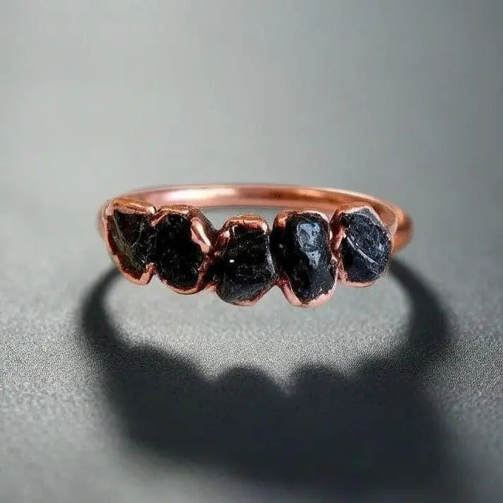 Black Tourmaline Ring: Electroformed Copper, Boho Healing Crystal Jewelry - BlackbirdSageStudio
