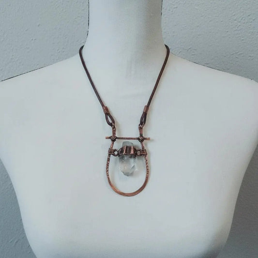 Quartz Talisman Necklace: Hand Hammered Copper Pendant, Leather Boho Necklace - BlackbirdSageStudio