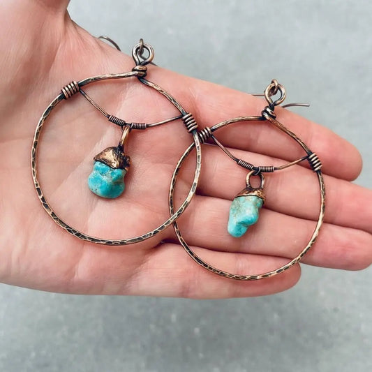 Raw Turquoise Hoop Earrings: Electroformed Copper, Bohemian Jewelry - BlackbirdSageStudio
