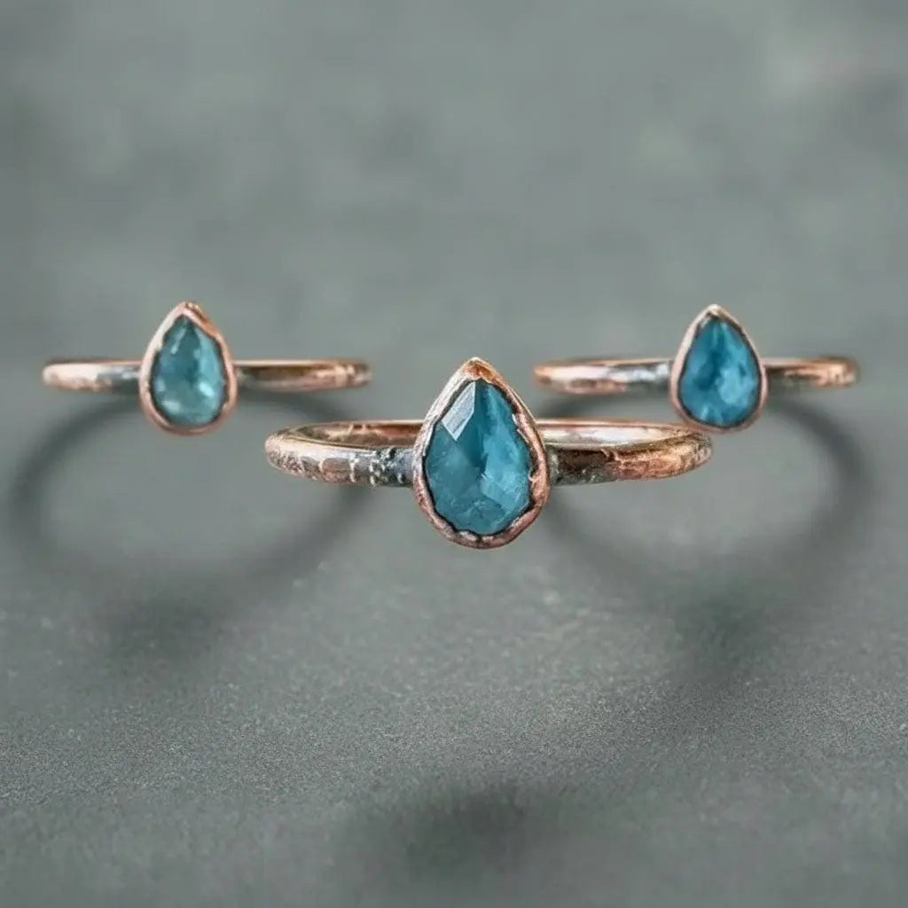 London Blue Topaz Copper Ring – Handmade Electroformed Stacking Crystal Ring with Healing Stone - BlackbirdSageStudio
