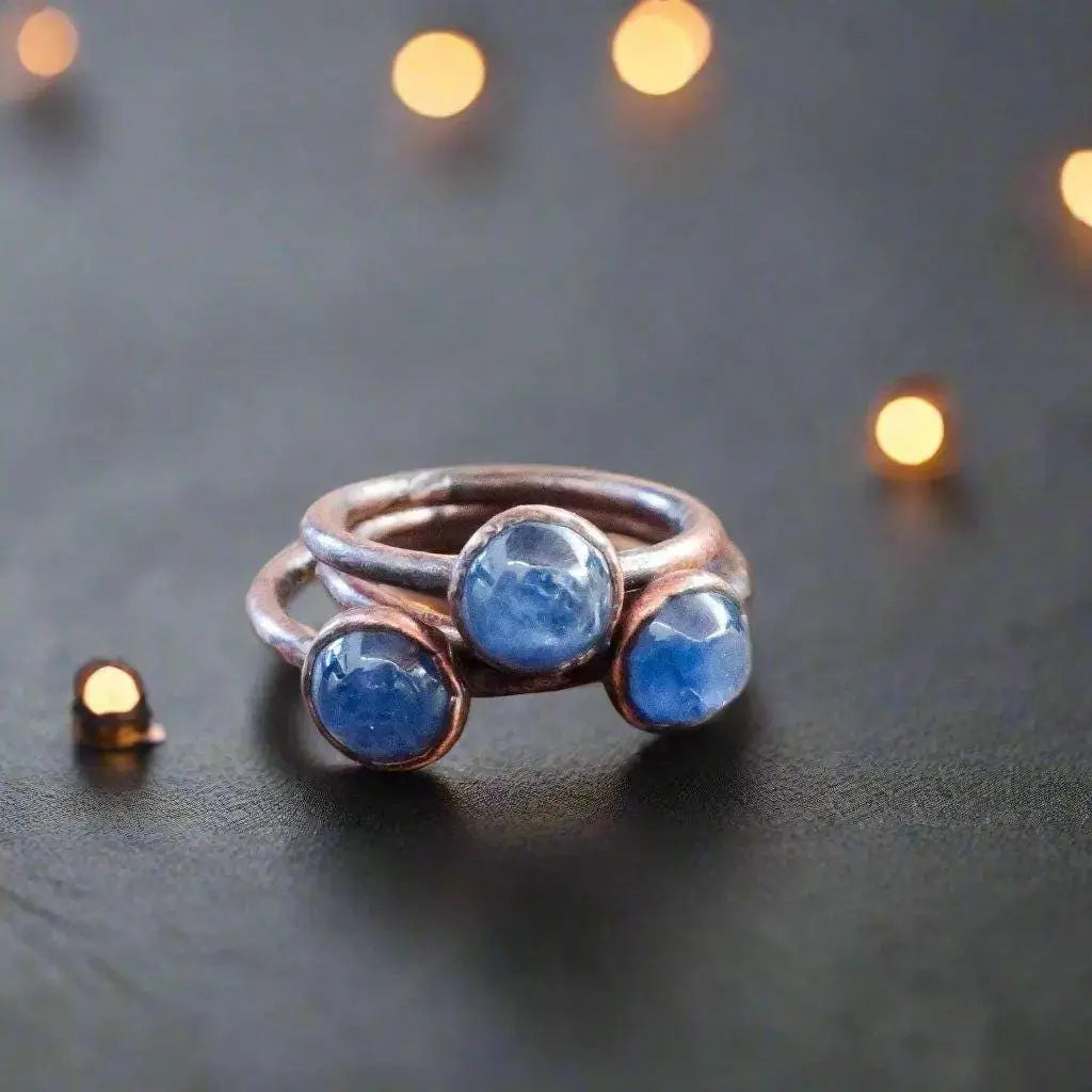 Electroformed Copper Ring: Blue Kyanite Round Stone, Boho Jewelry - BlackbirdSageStudio