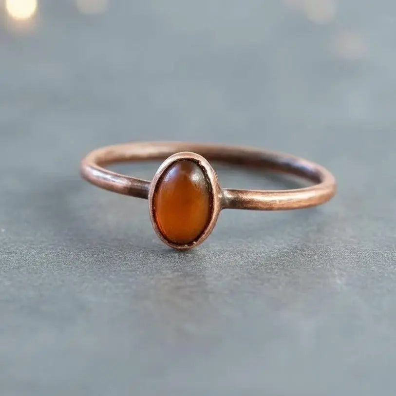 Electroformed Copper Ring: Authentic Baltic Amber Stacking Ring, Crystal Jewelry Gift - BlackbirdSageStudio