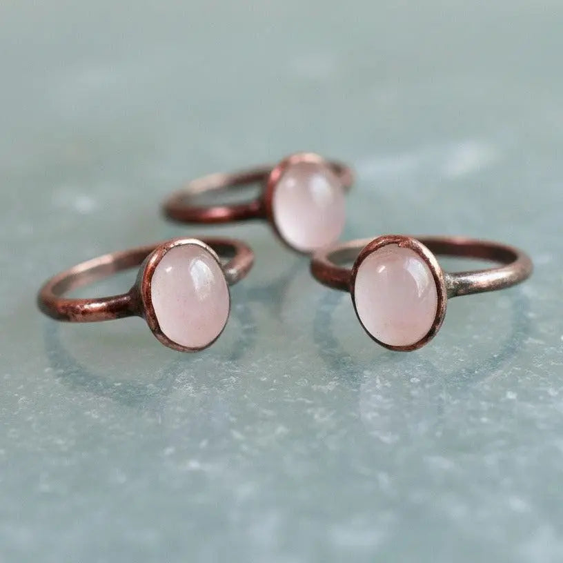 Electroformed Rose Quartz Ring, Oval Cab, Copper Jewelry - BlackbirdSageStudio