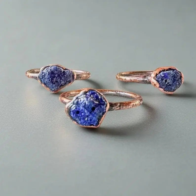 Raw Azurite Copper Ring: Electroformed Boho Gemstone Jewelry - BlackbirdSageStudio