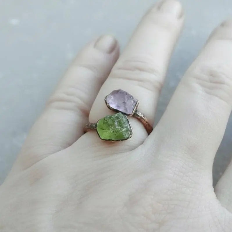 Raw Peridot Amethyst Stone Ring: Electroformed Copper, Handmade Birthstone Jewelry - BlackbirdSageStudio