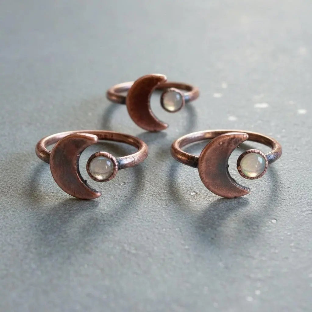 Electroformed Copper Moonstone Ring: Crescent Moon Boho Jewelry - BlackbirdSageStudio