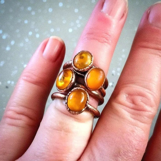 Electroformed Copper Ring: Oval Amber Stone, Handmade (US Size 6, 6.5) - BlackbirdSageStudio