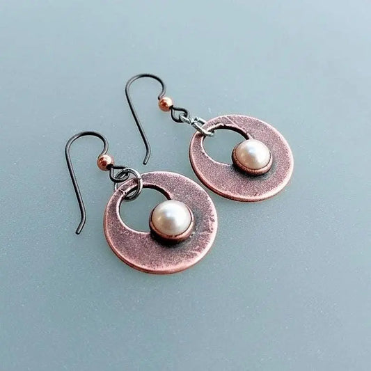 Electroformed Copper Pearl Drop Earrings: Hypoallergenic Niobium Wires - BlackbirdSageStudio