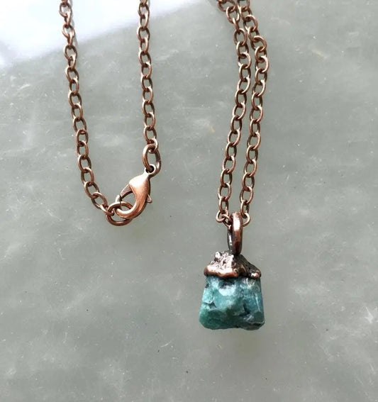 Raw Emerald Birthstone Pendant: Antique Copper Boho Necklace - BlackbirdSageStudio
