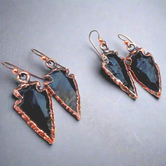 Handmade Obsidian Arrowhead Earrings: Electroformed Copper Boho Jewelry - BlackbirdSageStudio