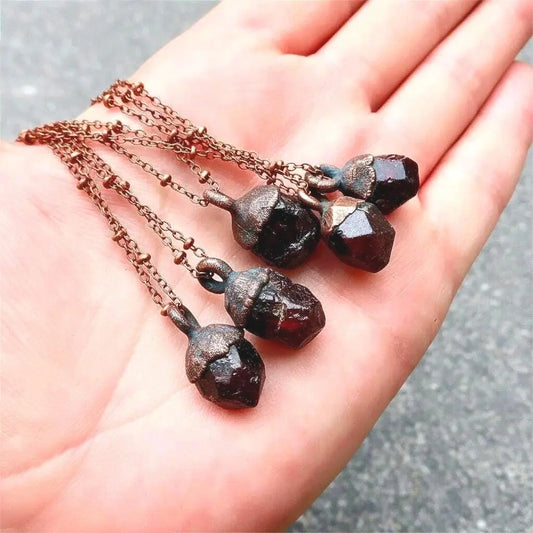 Raw Garnet Copper Necklace: Electroformed Crystal Pendant, January Birthstone - BlackbirdSageStudio