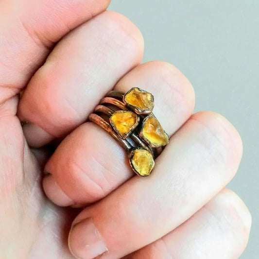 Raw Amber Ring – Electroformed Copper, Stackable Boho Jewelry - BlackbirdSageStudio