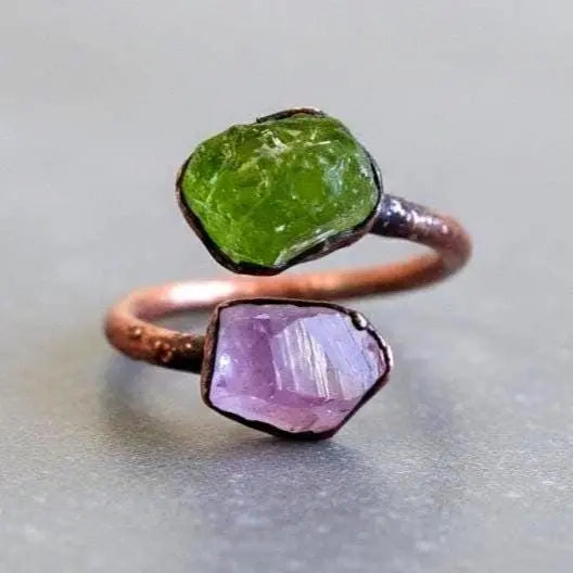 Raw Peridot Amethyst Stone Ring: Electroformed Copper, Handmade Birthstone Jewelry - BlackbirdSageStudio