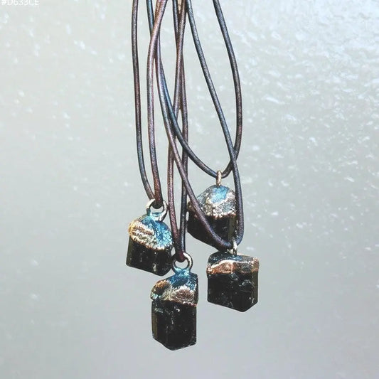 Raw Black Tourmaline Necklace: Copper Electroformed Leather Pendant - BlackbirdSageStudio