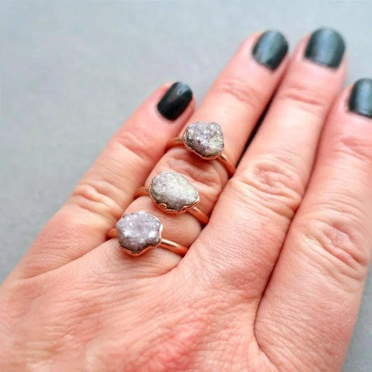 Electroformed Lepidolite Crystal Ring: Raw Stone Copper Boho Jewelry - BlackbirdSageStudio