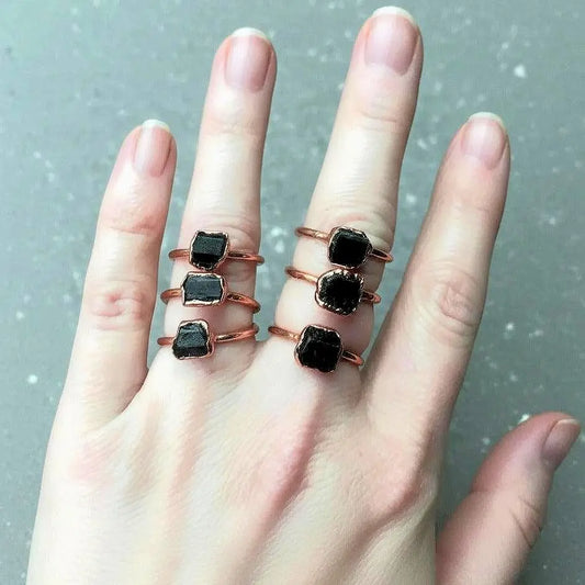 Electroformed Copper Ring: Raw Black Tourmaline Crystal, Boho Jewelry - BlackbirdSageStudio