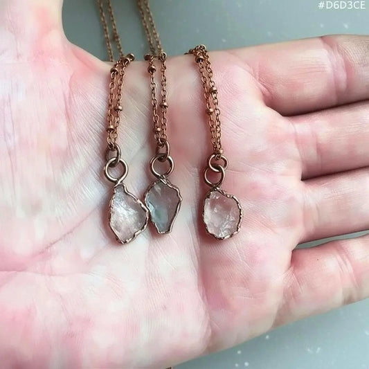 Dainty Raw Rose Quartz Necklace, Antique Copper Pendant, Bohemian Jewelry - BlackbirdSageStudio