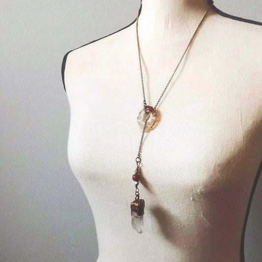Raw Quartz Lariat - Handcrafted Copper & Brass Talisman for Grounding