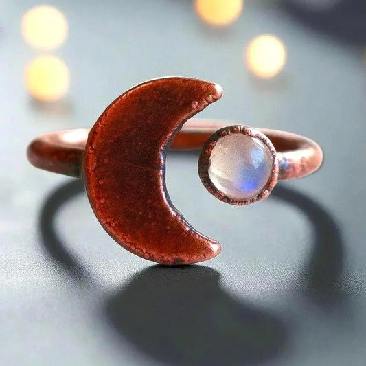 Electroformed Copper Moonstone Ring: Crescent Moon Boho Jewelry - BlackbirdSageStudio