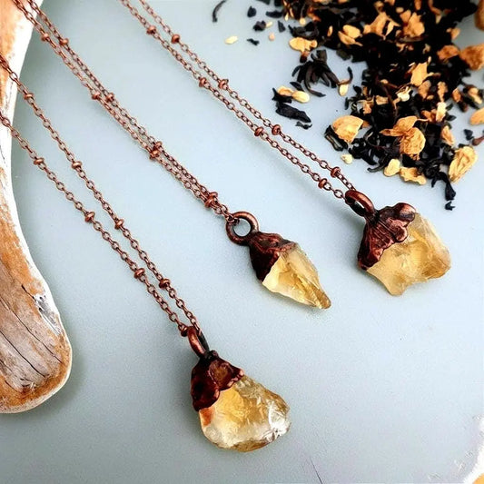 Raw Citrine Crystal Necklace, Electroformed Copper Pendant, 18in Chain - BlackbirdSageStudio