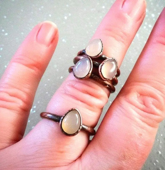 Electroformed Copper Ring: Pink Chalcedony Pear Cabochon, Boho Style - BlackbirdSageStudio