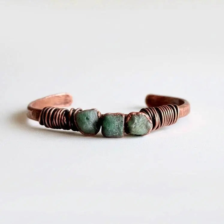 Raw Emerald Copper Bracelet | Electroformed Cuff | Hand Hammered | Bronze Wire Wrap | Antique Copper Finish - BlackbirdSageStudio