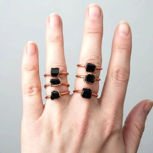 Black Tourmaline Ring | Raw Crystal Ring | Electroformed Copper | Grounding Protection | Bright or Antique Finish - BlackbirdSageStudio
