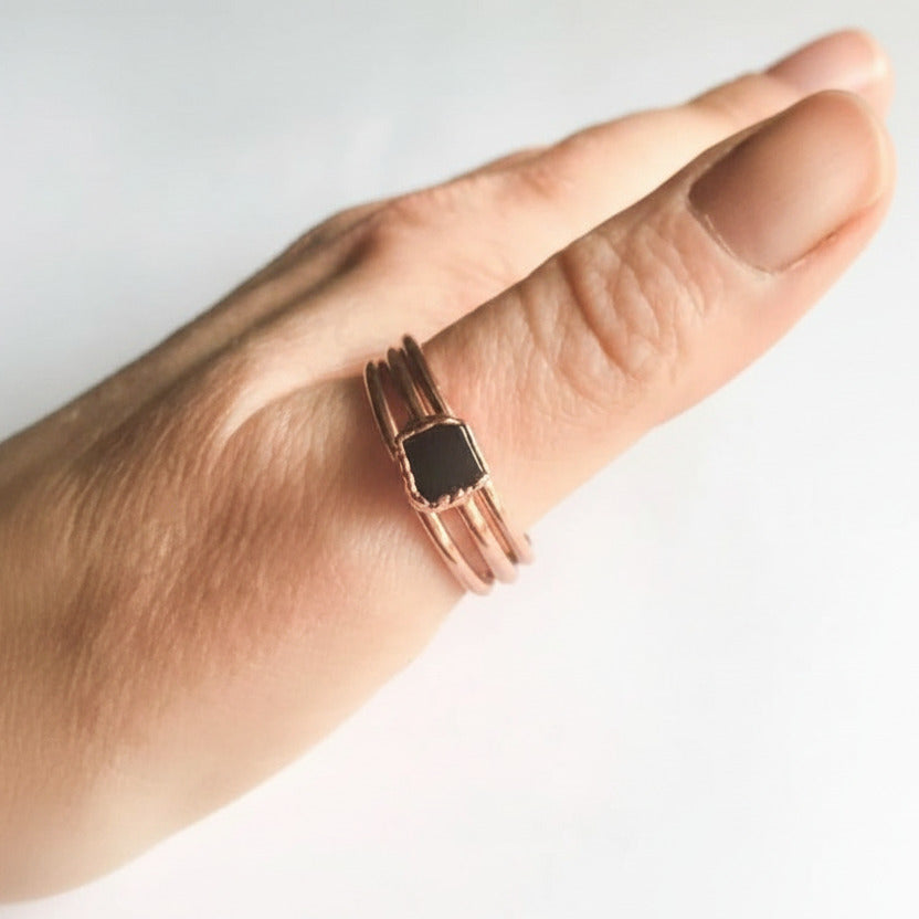 Small Raw Black Tourmaline Ring | Electroformed Copper Jewelry | Bright Finish | Stackable Rings | 3 Ring Stack